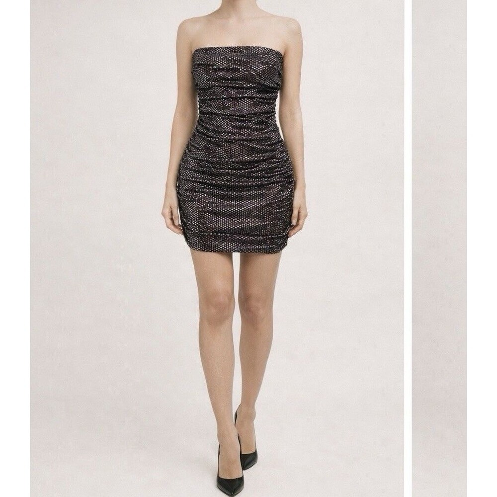 Express Womens Small Strapless Ruched Dress Black Metallic Polka Dot Bodycon
